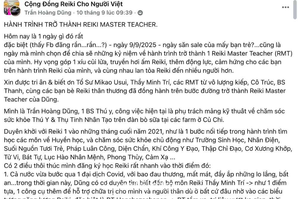 Trần Hoàng Dũng – học viên hoàn thành khóa Reiki Master Teacher tại Reiki Việt Nam