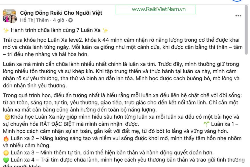 Học viên Hồ Thị Thêm cảm nhận năng lượng Reiki và Luân xa trong hành trình chữa lành Level 2