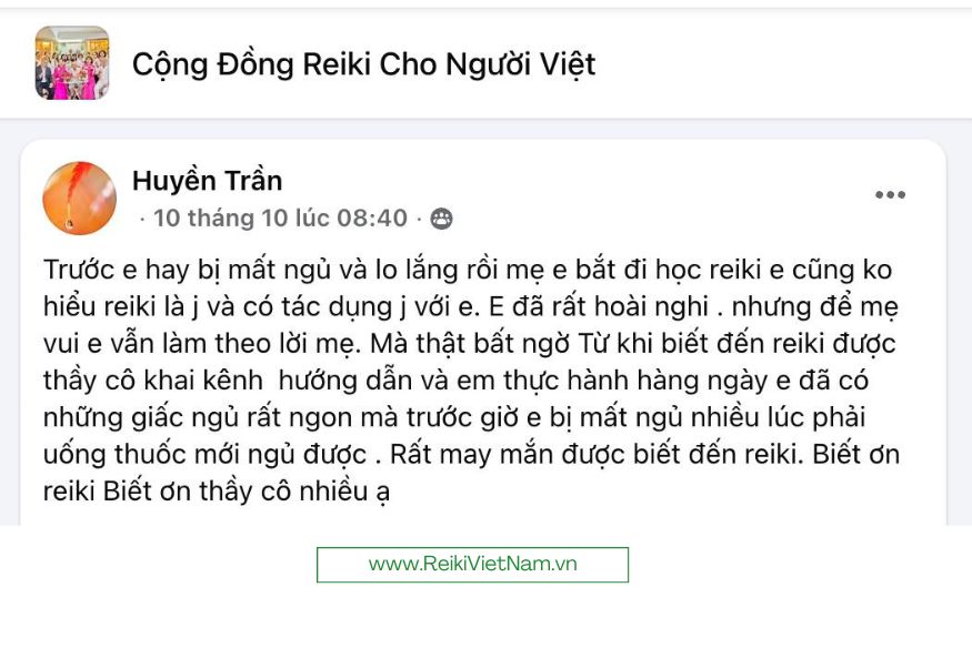 Học viên Huyền Trần thực hành Reiki và tìm lại giấc ngủ an lành sau thời gian mất ngủ kéo dài.
