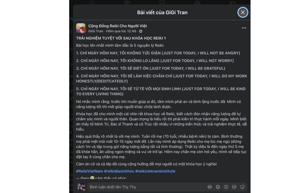 Học viên Gigi Trần thực hành Reiki