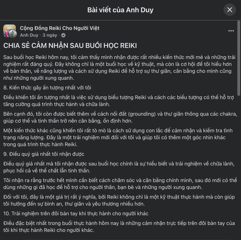 Anh Duy chia sẻ cảm nhận sau khi hoàn thành lớp Reiki 1