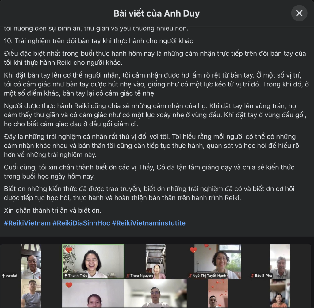 Anh Duy chia sẻ cảm nhận sau khi hoàn thành lớp Reiki 1