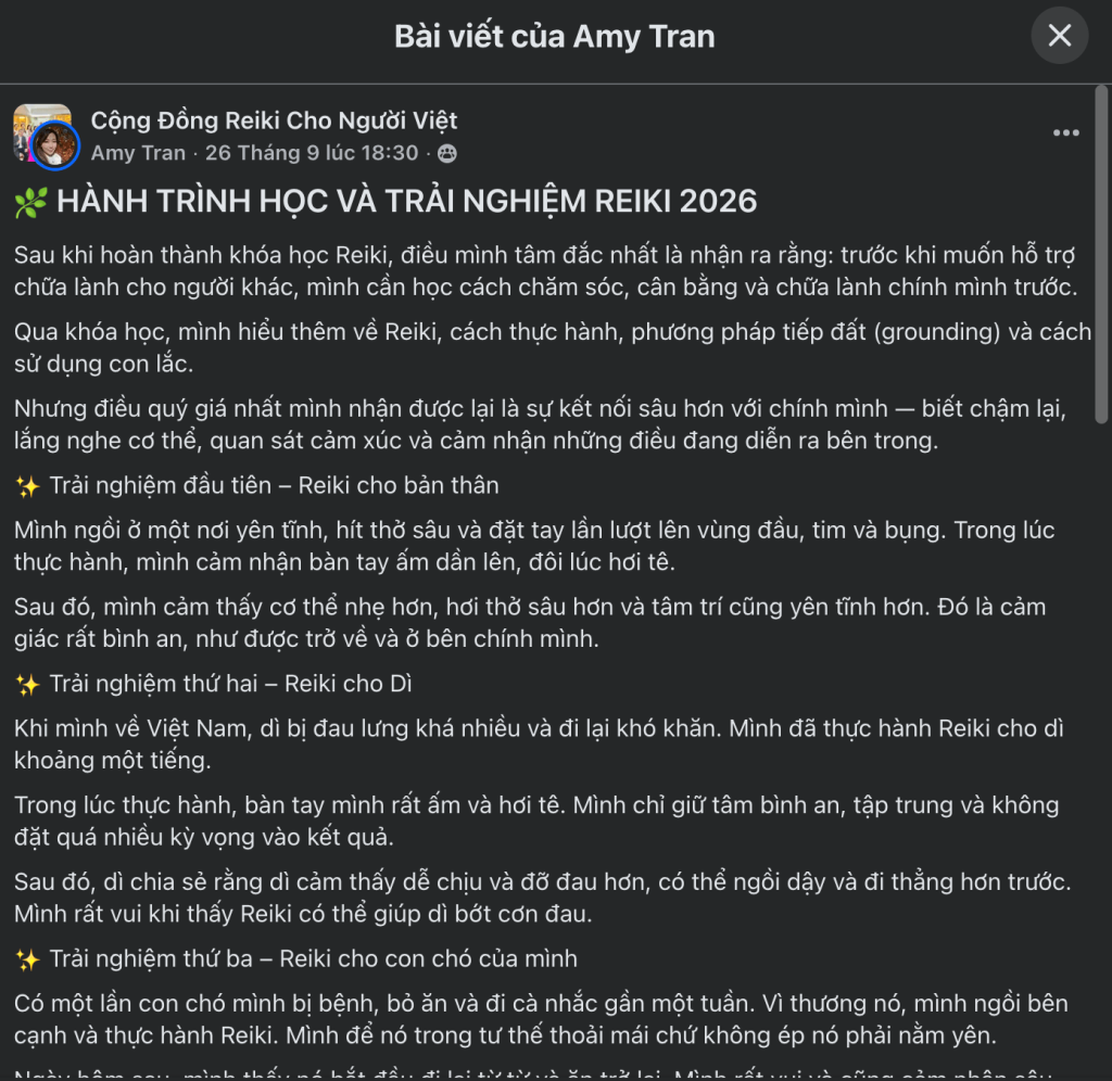 Cảm nhận Reiki 1 của Amy Tran từ South Australia về grounding, thực hành Reiki và hành trình lắng nghe, kết nối sâu hơn với chính mình.