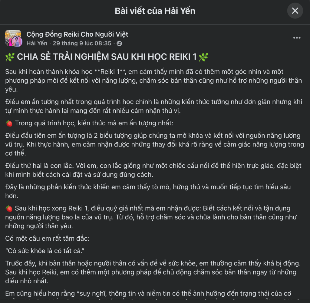 Học viên chia sẻ cảm nhận sau khi hoàn thành lớp Reiki 1